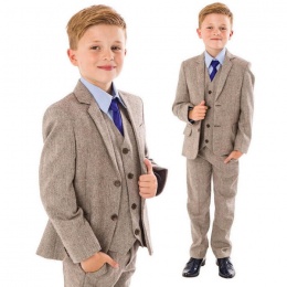 Boys Brown Tweed Herringbone 5 Piece Jacket Suit